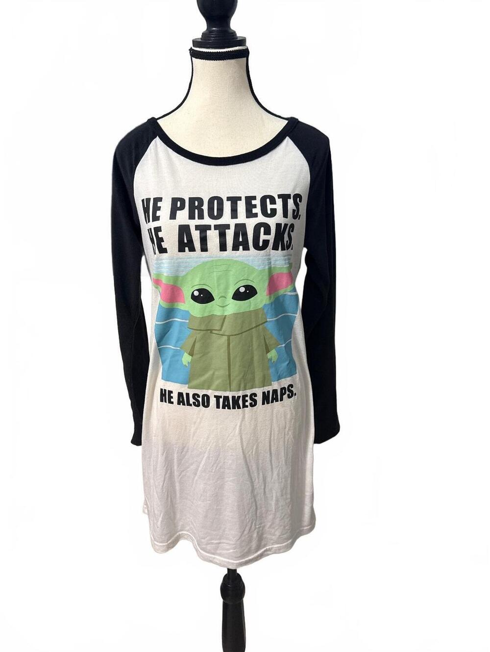 Star Wars Baby Yoda Grogu Nightshirt Long Sleeve Baseball Raglan Sleep Dress Med